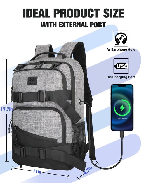 WOLT Skateboard Backpack, 15.6 Inch Laptop Backpack for Men Women, Sports Backpack with Ball Holder for Longboard Basketball Soccer, Grey