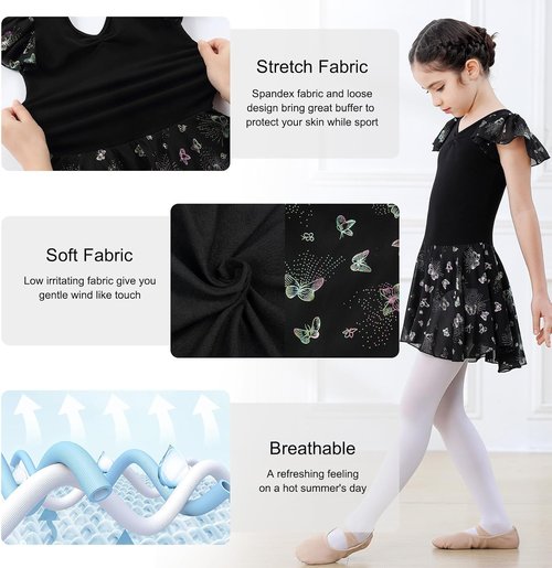DIPUG Ballet Leotards for Girls - Shiny Toddler Dance Outfit with Skirt & Butterfly Design