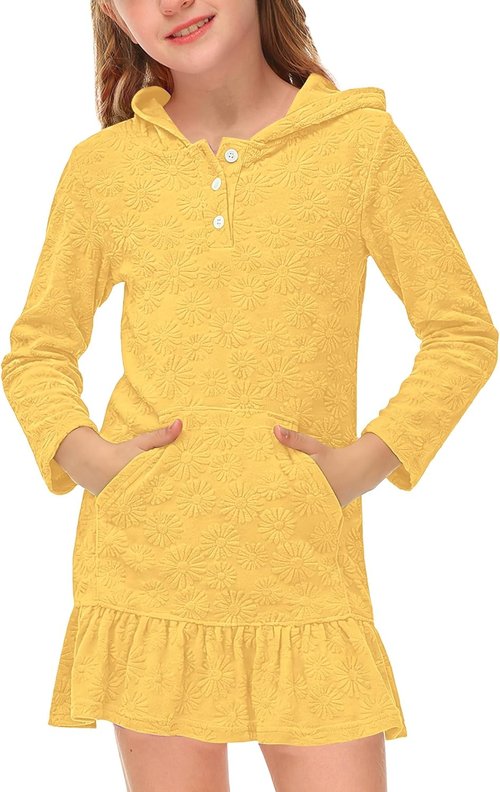 BesserBay Girls' Summer Long Sleeve Coverup - Quick-Dry Terry Fabric with Hood | Sizes 4-14 Years