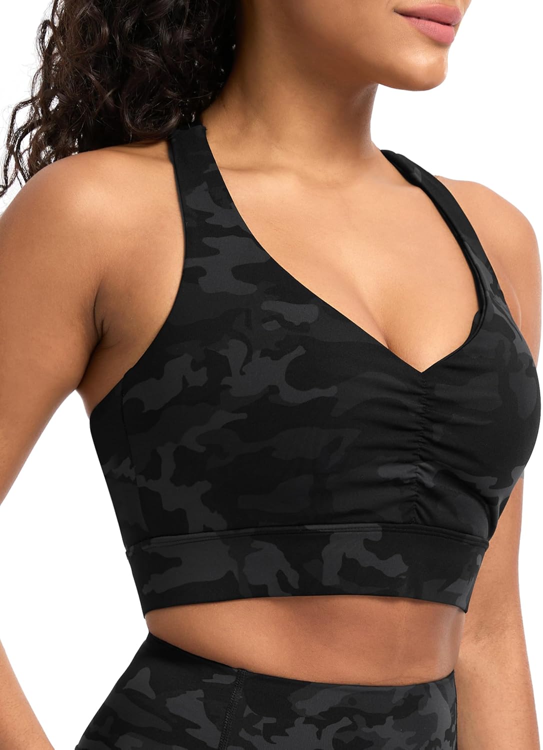 The Gym People Women's Sports Bra - Cross Back Ruched Design with Removable Pads | V Neck, Wide Straps, Yoga Crop Top