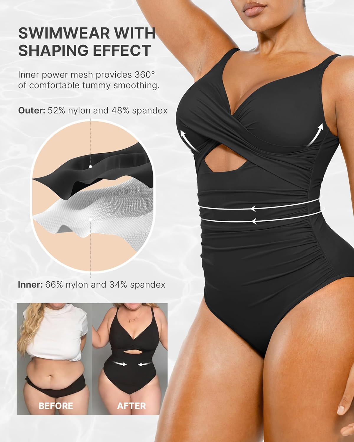 SHAPELLX Tummy Control One-Piece Swimsuit - V Neck, Ruched Design, Slimming Fit, Built-In Bra