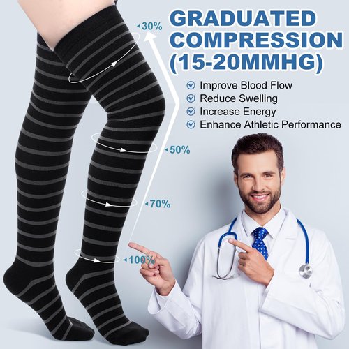 Chicingyou 6 Pair Thigh High Compression Socks for Women Men 15-20 mmHg Over the Knee Compression Support Stockings for Hiking Nurses Running Recovery(Black Grey Check)