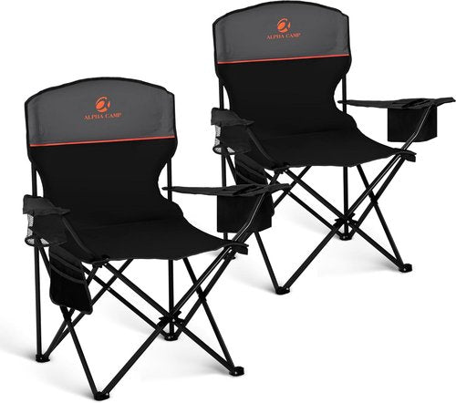 LET'S CAMP Folding Camping Chair 2-Pack - Portable Lawn Chairs with Cooler Bag & Cup Holder | Supports 350LBS (Black)
