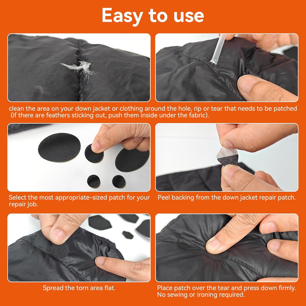 WILDREEDS Waterproof Down Jacket Repair Patches - 12Pcs Self-Adhesive, Tear-Resistant Nylon | Black