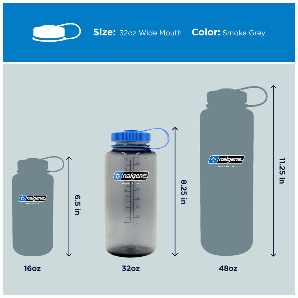 Nalgene Sustain Tritan BPA-Free Water Bottle Made with Material Derived from 50% Plastic Waste, 32 OZ, Wide Mouth,Smoke Grey
