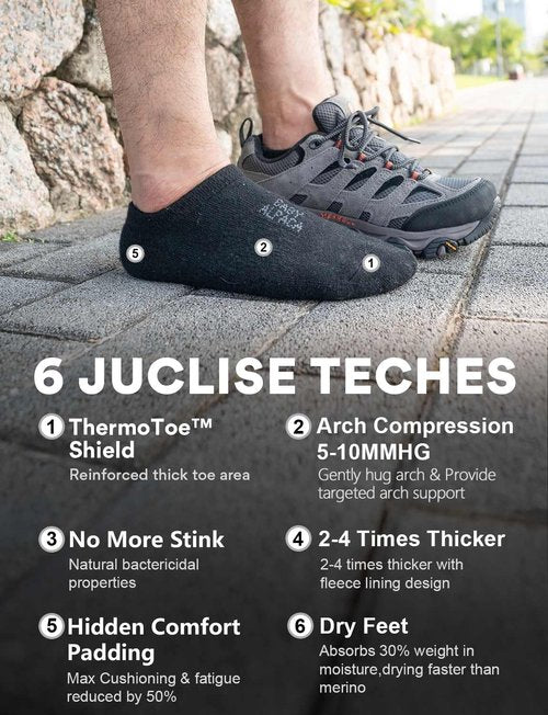 Juclise Alpaca Wool Any Season No Show Midweight Merino Outdoors Socks Men&Women Moisture Wicking Hiking Cushioned Breathable (US, Alpha, Large, Regular, Regular, Classic Black)