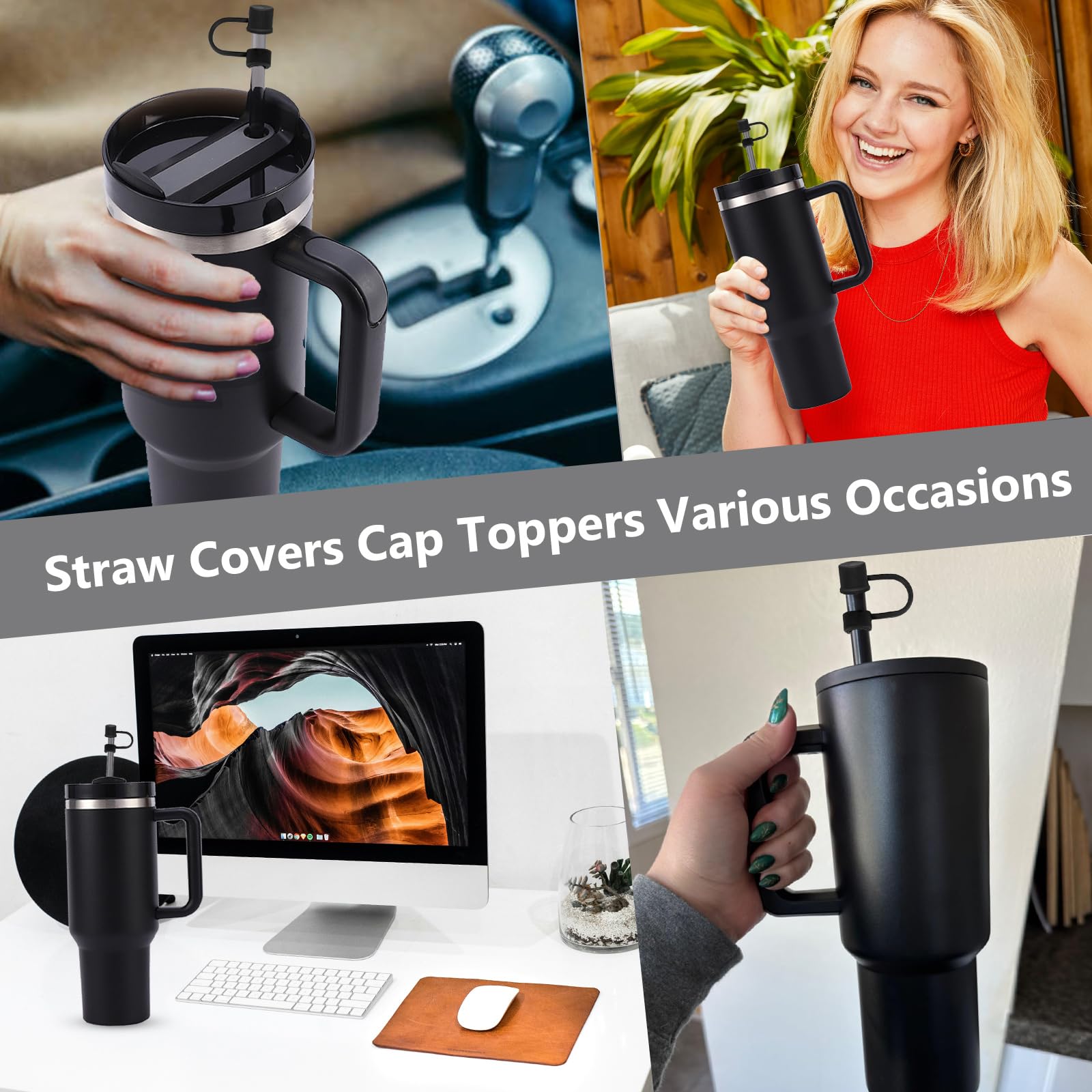 CEDIDJAC 6PCS Silicone Straw Covers Cap Compatible with Stanley Cup 30-40 oz Tumbler with Handle 10mm Straw Toppers，Dust-Proof Reusable Straw Cover for Stanley Cup Accessories (Black)