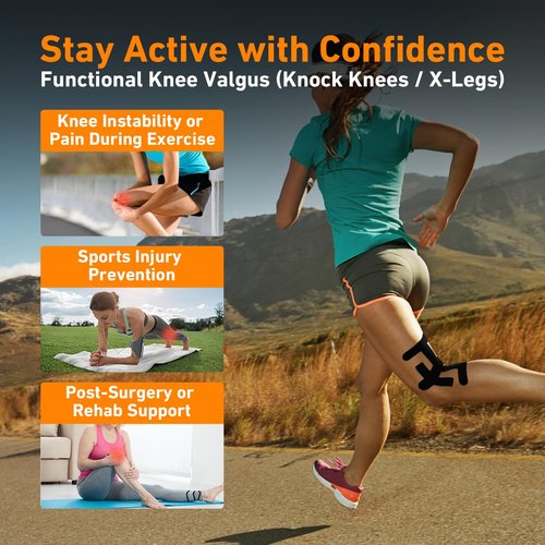 Precut Kinesiology Tape for Knees Valgus–12PCS KTQUICK Pain Relief Athletic Tape, Waterproof & Hypoallergenic Latex-Free, Elastic Breathable Long-Lasting Knee Support Tape for All(Black)