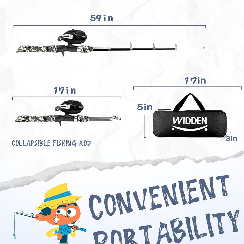 WIDDEN Kids Fishing Pole - Portable Telescopic Rod & Reel Combo Kit with Tackle Box & Net | Ideal for Boys & Girls