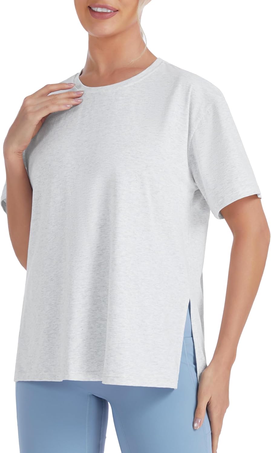 The Gym People Women's Workout T-Shirts - Loose Fit Short Sleeve Cotton Tees with Side Slit | Casual Summer Style