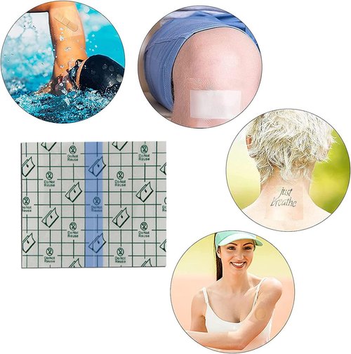 100Pcs Transparent Stretch Adhesive Bandage, BetterJonny 5 Sizes Waterproof Clear Adhesive Bandages Disposable Tattoo Bandage Stretch Bandage Tape for Swimming and Shower