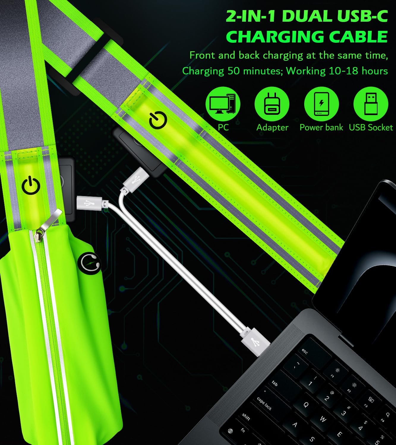 LED Belt Reflective Sash for Walking at Night,High Visibility Adjustable Night Running Safety Gear,Light Up Running Belt Reflective Gear with Phone Bag/Armband for Runners Walkers Men Women (Green)