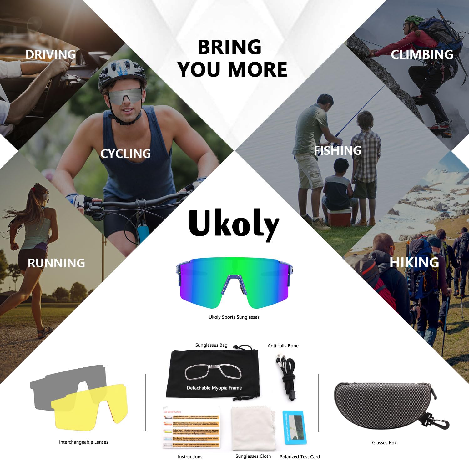 Ukoly Cycling Sunglasses for Men & Women - 3 Interchangeable Lenses, Polarized Sports Sunglasses
