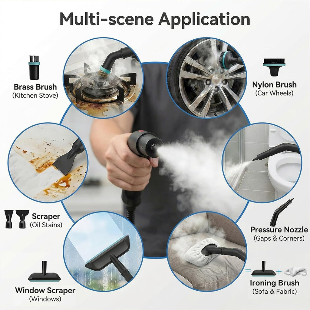 Skiennix Steam Cleaner - 3 Level Adjustable Pressurized Handheld Steamer | 10s Heat-Up, 1.9 Qt Tank for Home & Car Cleaning