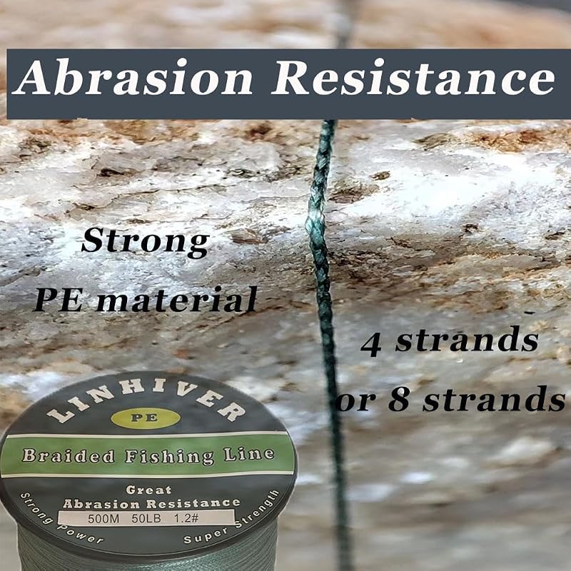 Linhiver Braided Fishing Line 4/8 Strands, 164/328/547/1093 Yds, 10-100 lb, Low Stretch Green (Dark Green+20LB-0.18mm-328YDS-4 Strands)