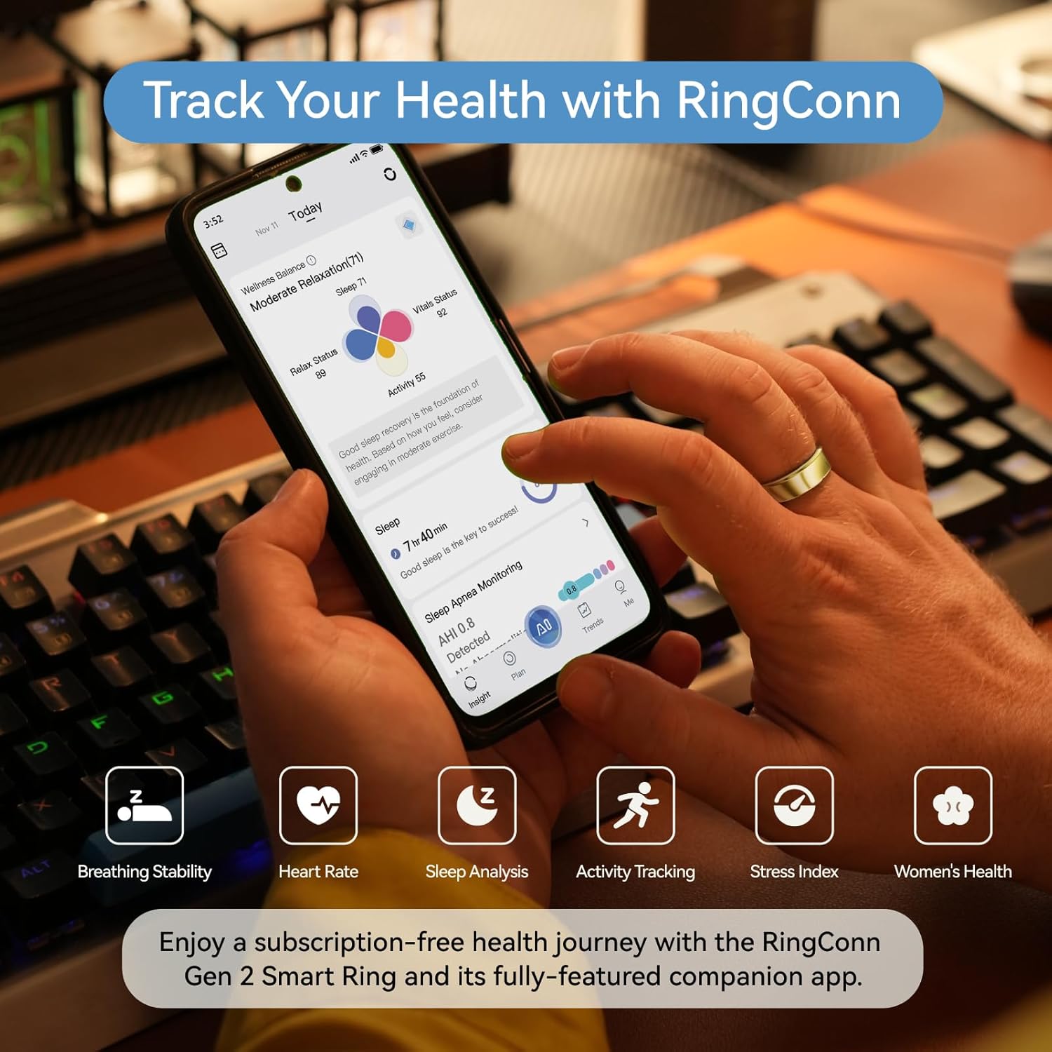 RingConn Gen 2 Smart Ring - Sleep Apnea Monitoring, 12-Day Battery Life | Heart Rate & Stress Tracker (Gold, Size 10)