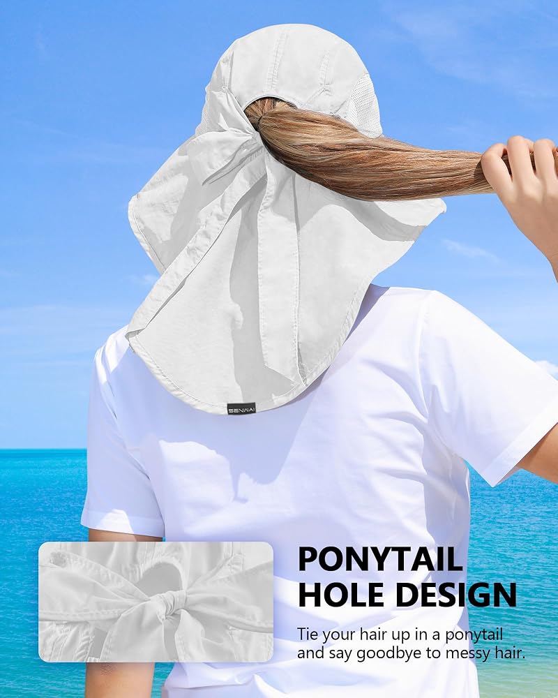 White One Size Sun Hat with Ponytail Hole and Neck Flap - UPF50+ Outdoor Fishing & Hiking