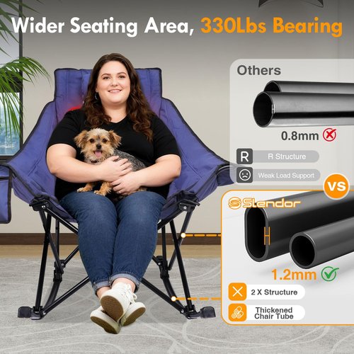 Slendor Oversized Heated Camping Chair, Folding Heated Rocking Chair with Padded Pillow, 3 Adjustable Heat Settings Portable Camp Chair for Outdoor & Indoor Use, NO Power Bank, Blue