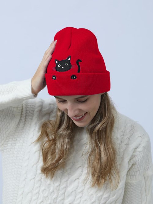Women’s Cat Beanie Cute Cat Lover Valentines Gifts Animal Knitted Hats for Women Girls (Red)