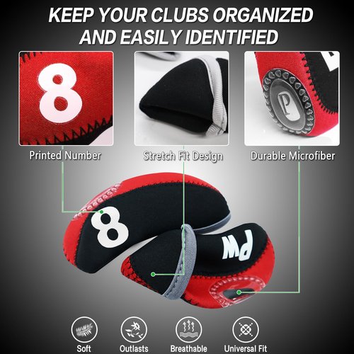 Golf Club Covers Set for Irons Neoprene Iron Head Cover Club Protector 10Pcs with/Without Top Window Accessories for Men Women (Red(with Top Window))