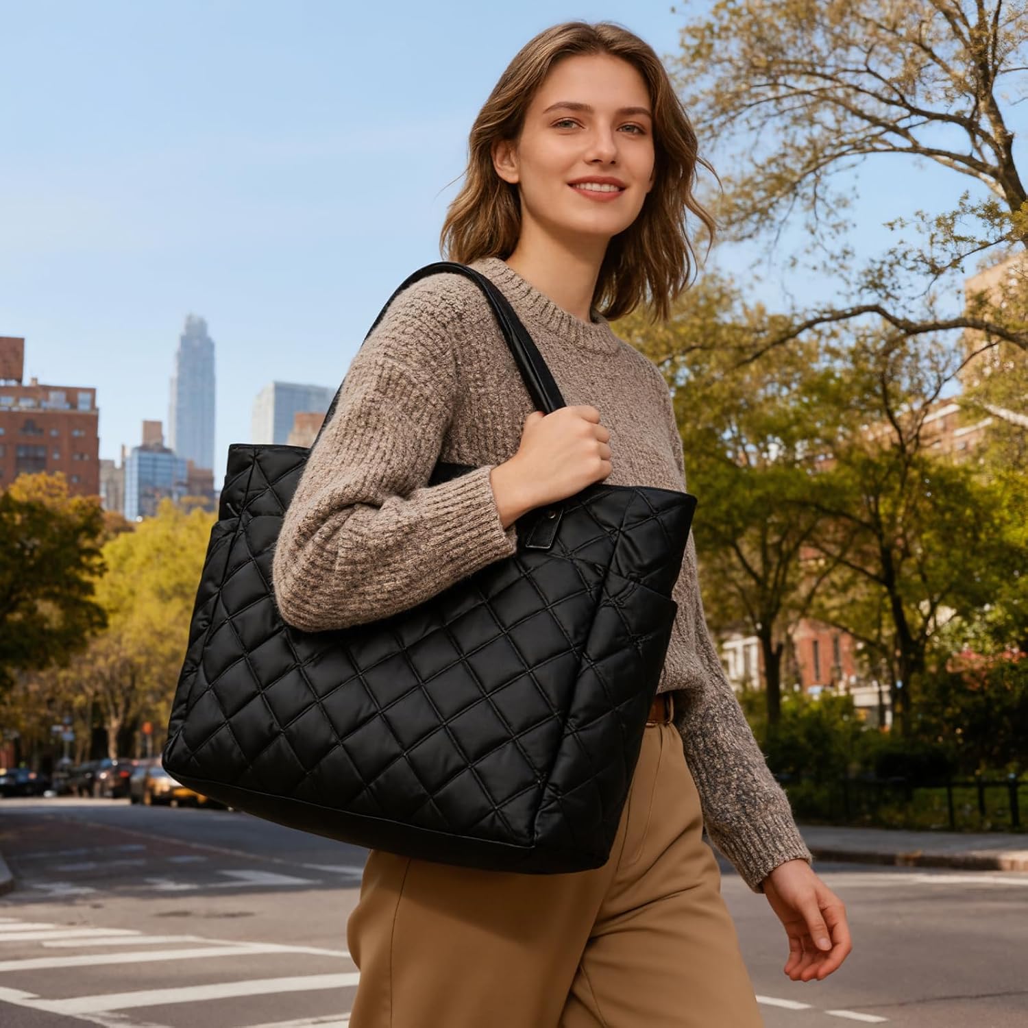Skiennix Tote Bag for Women - Lightweight Quilted Handbag with Zippered Compartments | Perfect for Work, Travel & Gym