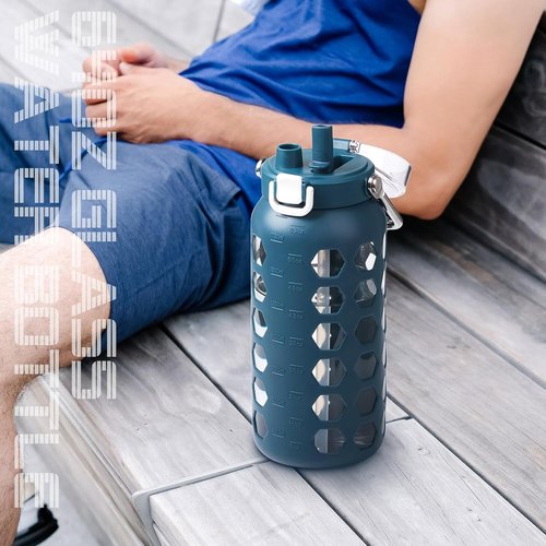 MUKOKO 64oz Glass Water Bottle - Half Gallon with Straw, Time Marker & Silicone Sleeve - Blue
