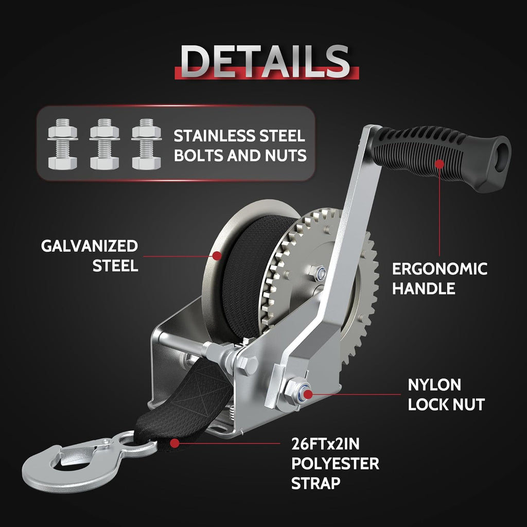 Skiennix Boat Trailer Winch - 1600 LB Heavy Duty Manual Winch with 26FT Strap & Hook