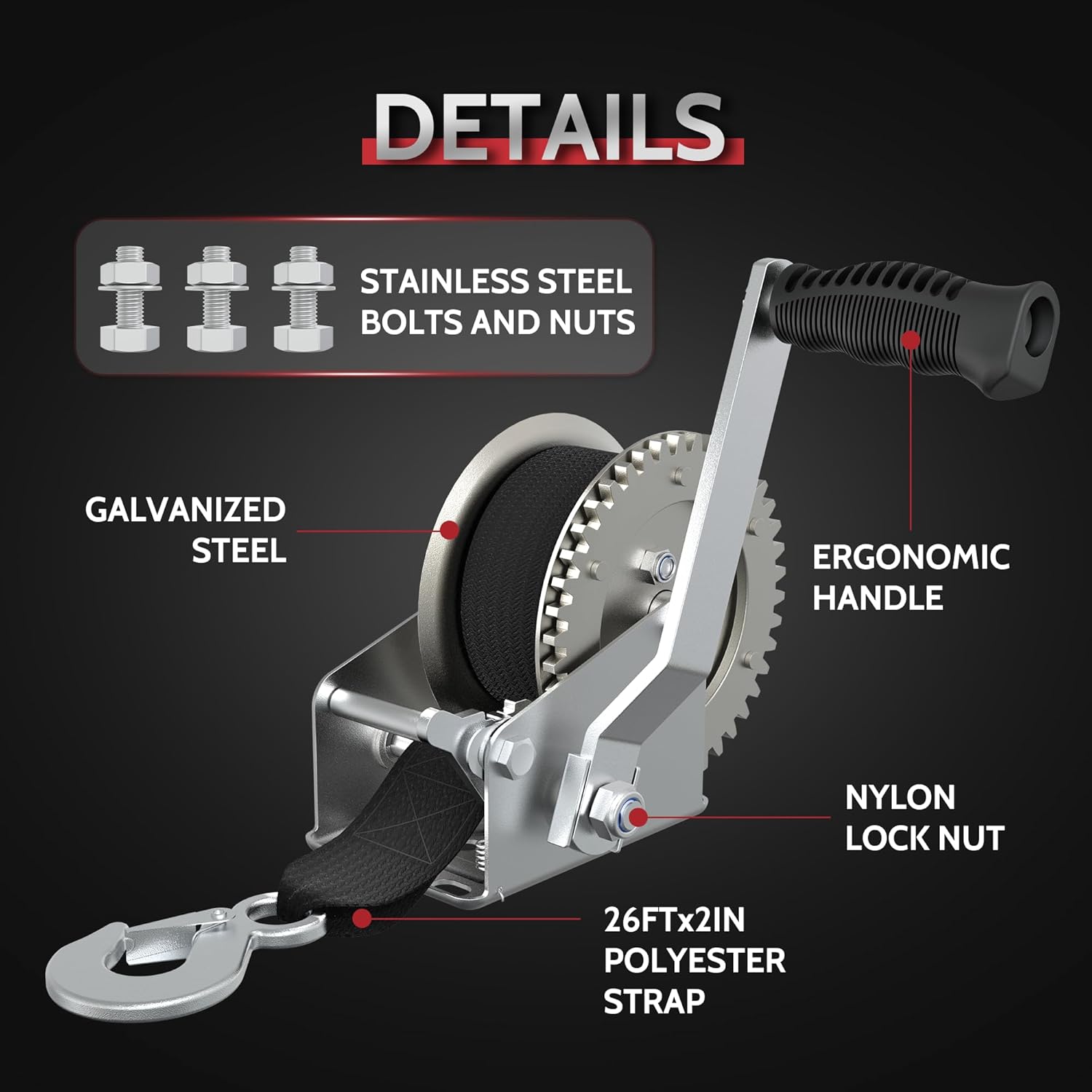 Skiennix Boat Trailer Winch - 1600 LB Heavy Duty Manual Winch with 26FT Strap & Hook