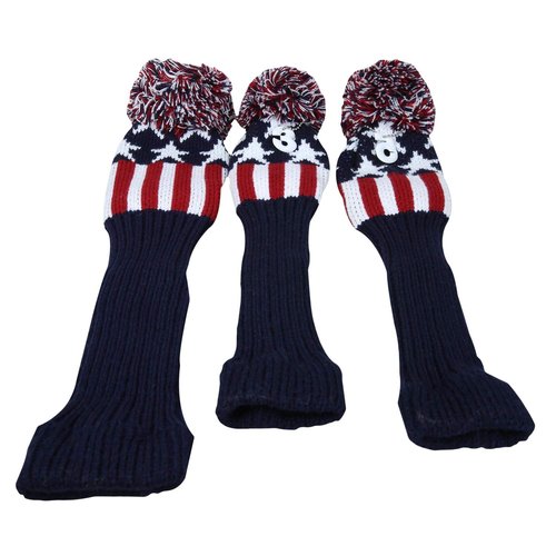 Golf Builder 3pcs/Set USA Stars and Stripes Knitted Golf Head Covers Sock Covers Pom Pom Covers for Driver Fairway Wood (Red)