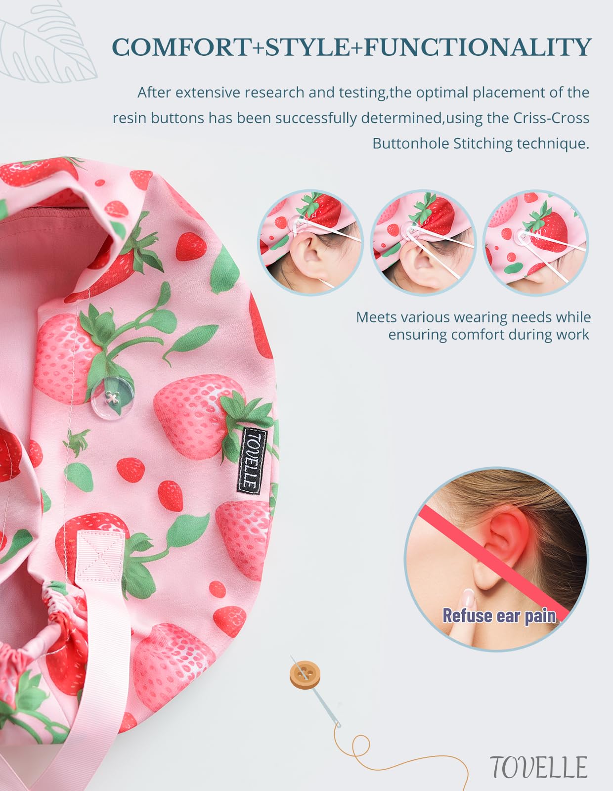 Strawberry Print Scrub Caps for Women with Buttons, Pink Surgical Tech Head Cover, Adjustable Euro Style Scrub Hat for Long or Short Hair