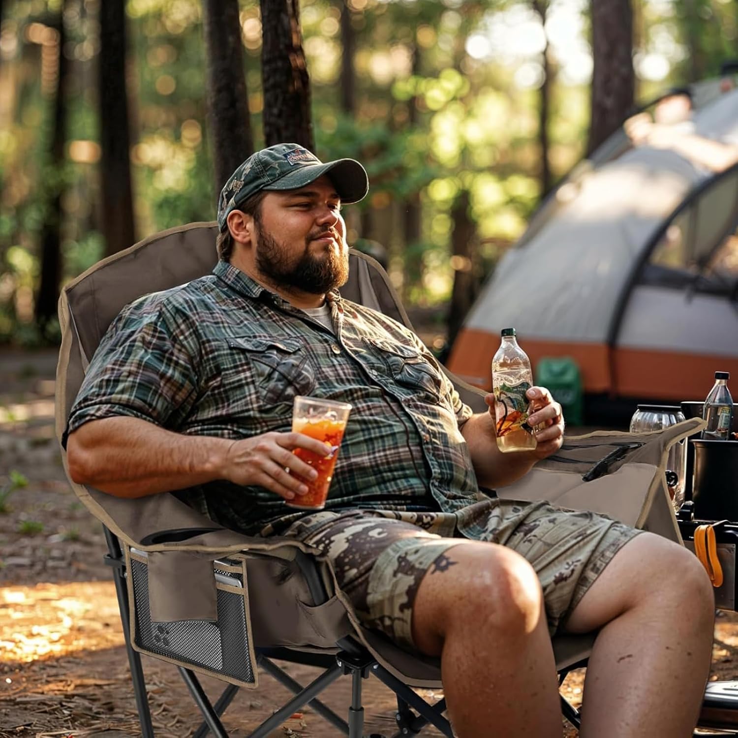 Overmont Oversized XL Camping Chair - Heavy-Duty 400lbs Support with Padded Comfort & Side Pocket | Khaki, 2pcs