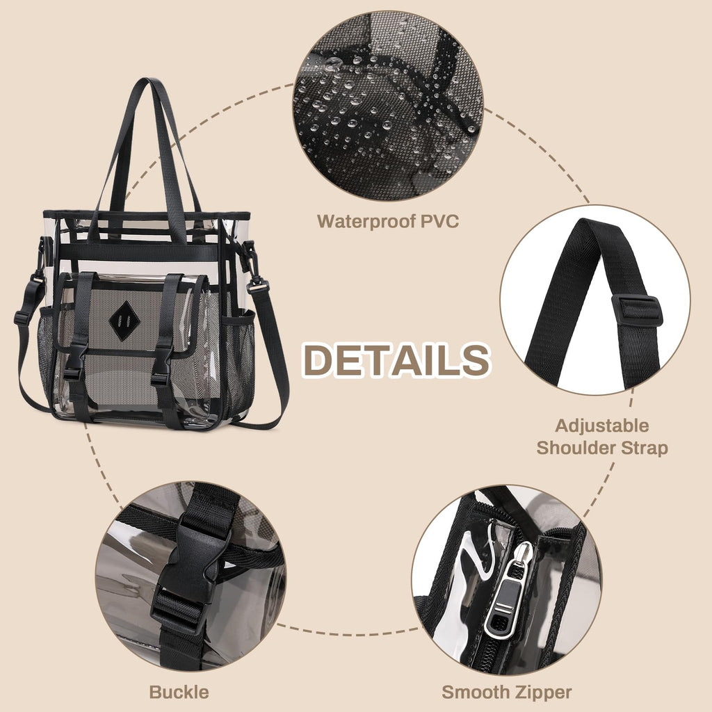 MUSEVOS Clear Tote Bag Clear Bag for Stadium Events, Thickened Water Resistant Heavy Duty PVC, 12x6x12 Stadium Approved for Work, Sports Games,Concert, Semi-Black