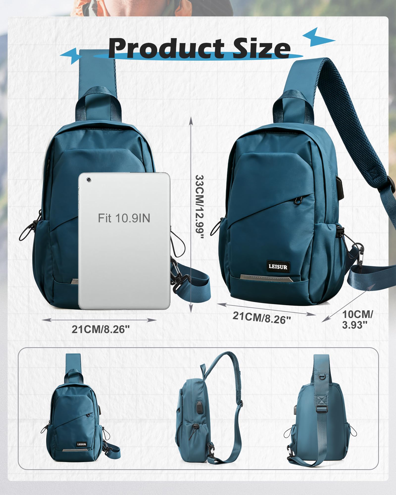 Small Sling Bag for Men Women - Lightweight Crossbody Backpack, Multipurpose Shoulder Bag, Compact Chest Daypack for Travel Hiking Gym Sport with USB Charger Port Peacock Blue