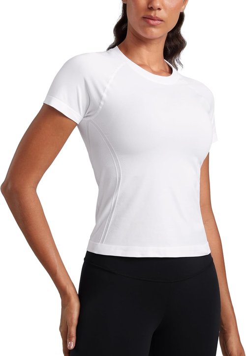CRZ YOGA Seamless Workout Tops for Women - Breathable Short Sleeve Gym & Yoga Shirts, Waist Length