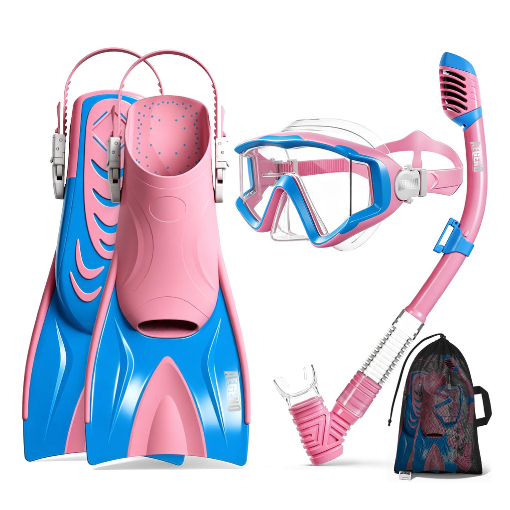 Aegend Snorkeling Gear Set for Kids - Anti-Fog Diving Mask, Adjustable Fins & Dry Snorkel, Full Snorkel Kit for Youth Swimming & Diving (Ages 5-15) (Pink, S/M)