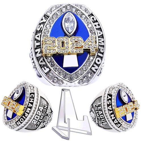 noblehead 2024 Fantasy Football Championship Ring | Heavy FFL Champion Ring | Gold Silver Tone Plated Award Trophy for Fantasy Football League Winner (Ring and Stand Together, Size 11)