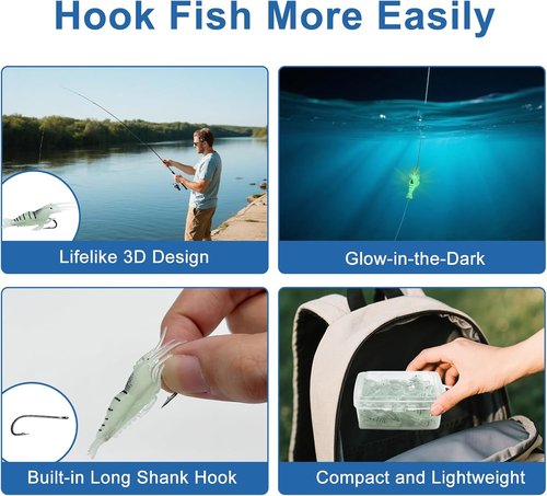 Keenjorika Glow In The Dark Shrimp Lure - Realistic Night Fishing Bait | Pre-Rigged Hook, 1.8" for Bass, Trout, Crappie, Redfish