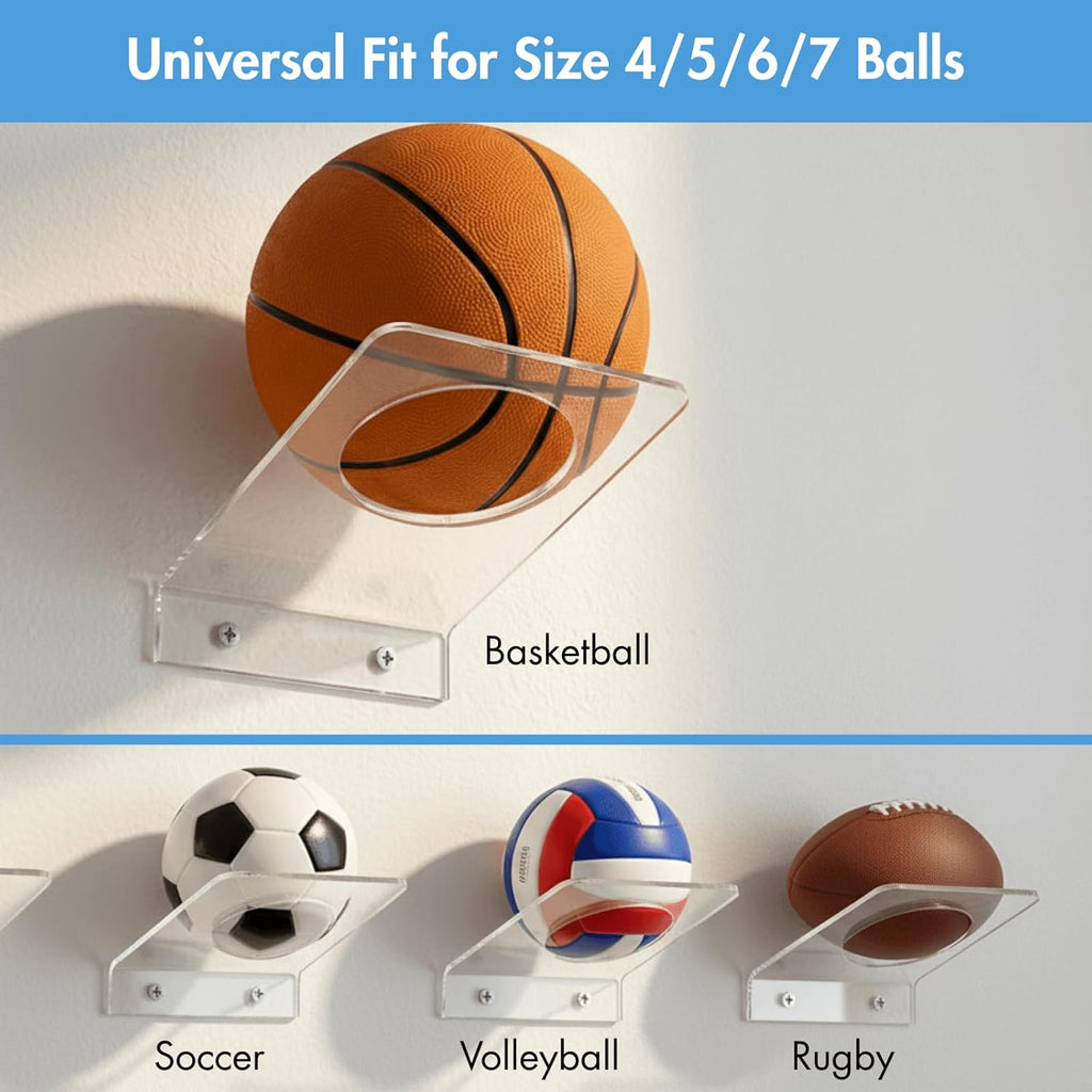 Youeon 8 Pcs Clear Acrylic Basketball Holder - Wall Mount Display Rack for Sports Balls | 3.5 Inch Round Hole