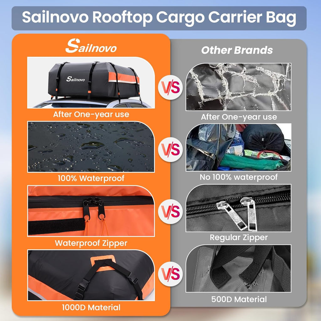 Sailnovo Rooftop Cargo Carrier - 15 Cubic Feet Waterproof 1000D PVC Bag with Anti-Slip Mat & Lock
