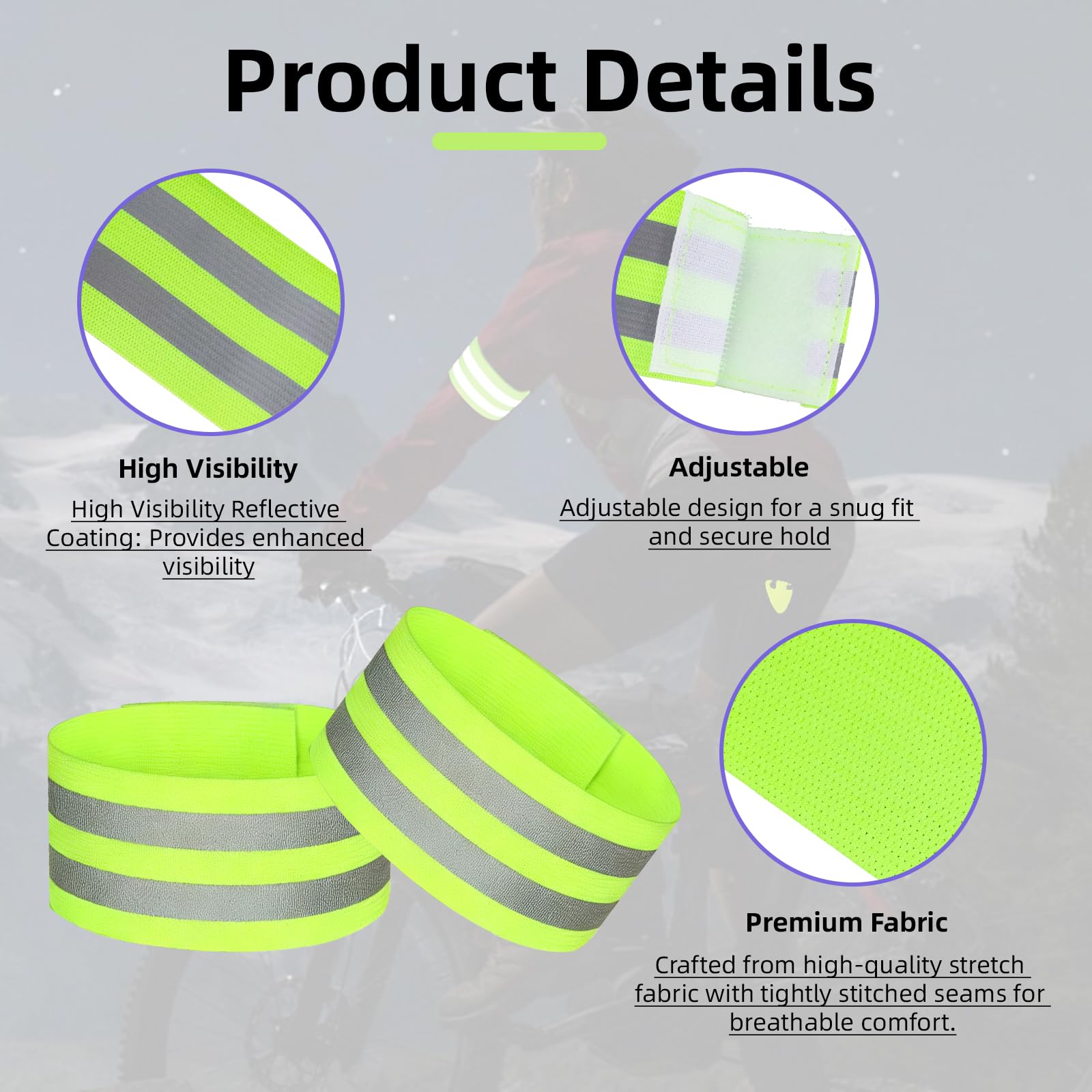 JVNZAM 4 Pairs High Visibility Reflective Bands Wristbands for Cycling Running, with 4 Fluorescent Green reflectors，Arm Wrist Ankle Bands, Leg Straps Safety During Nighttime (Black+Green)