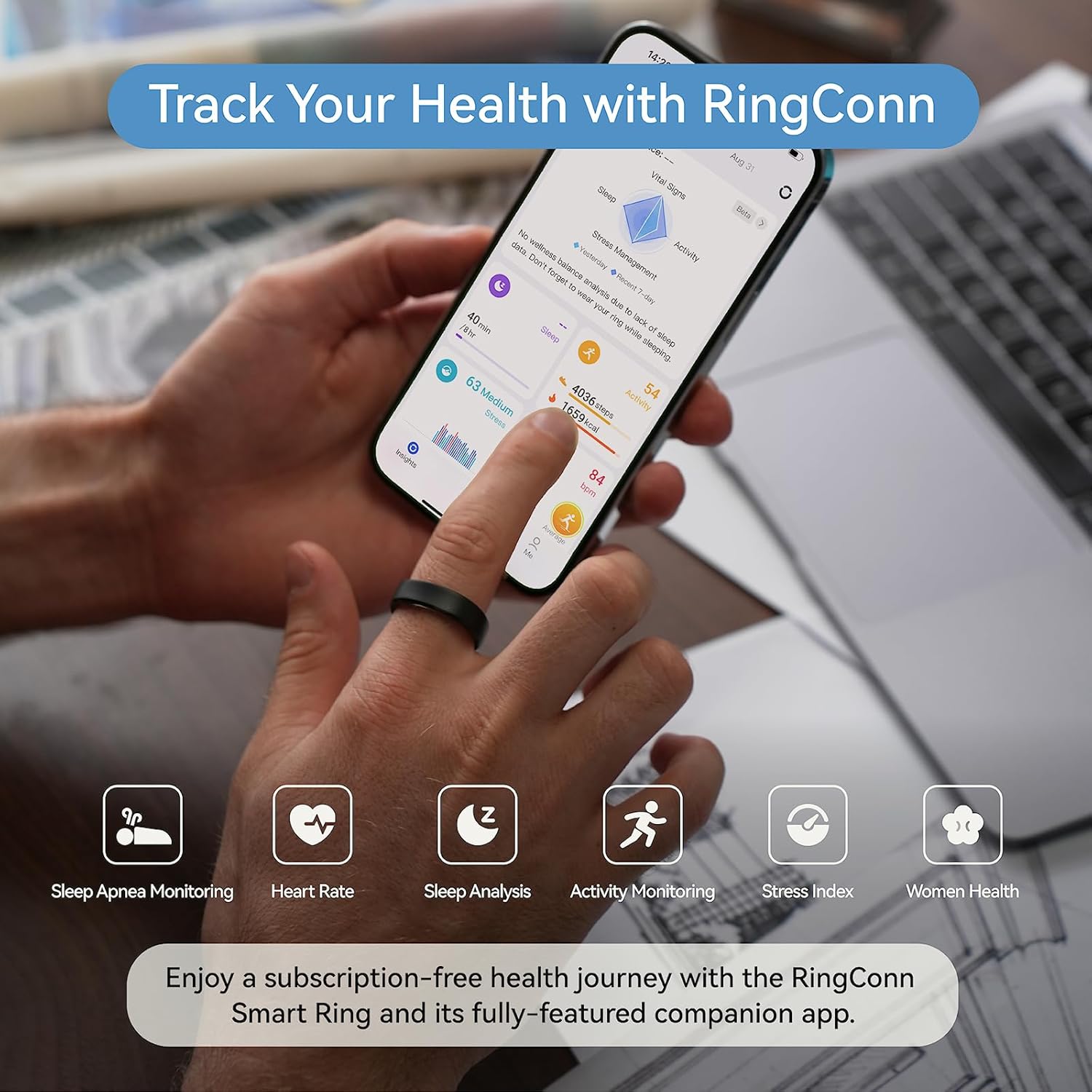 RingConn Gen 2 Smart Ring - Sleep Apnea Monitoring, 12-Day Battery Life | Stress & Heart Rate Tracker (Black, Size 9)