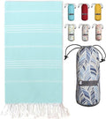 BAY LAUREL Turkish Beach Towel - Quick Dry, Sand-Free, Lightweight, Large 39 x 71 - Aqua with Blue Floral Bag