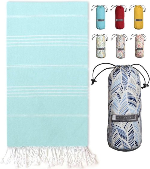 BAY LAUREL Turkish Beach Towel - Quick Dry, Sand-Free, Lightweight, Large 39 x 71 - Aqua with Blue Floral Bag