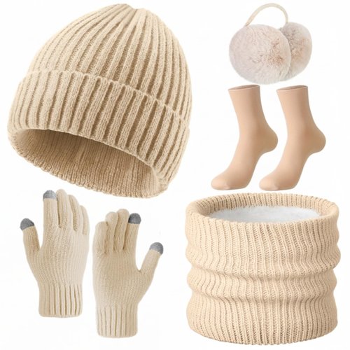SATINIOR 5 Pcs Winter Beanie Hat Scarf Gloves Set Fleece Lined Knit Hat Warm Touch Screen Gloves Earmuff Warmer for Women(Beige,Fashion Non-fleece Lining)