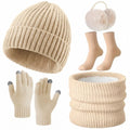 SATINIOR 5 Pcs Winter Beanie Hat Scarf Gloves Set Fleece Lined Knit Hat Warm Touch Screen Gloves Earmuff Warmer for Women(Beige,Fashion Non-fleece Lining)