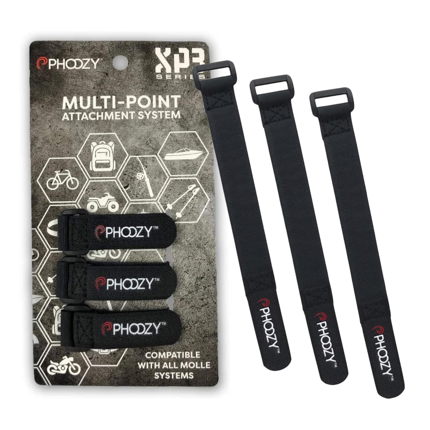 PHOOZY Accessory Straps (3-Pack) – Adjustable Hook-and-Loop Straps for XP3 Series, MOLLE Compatible, Secure Gear to Backpacks, Bike Handlebars, Boat Railings & Outdoor Equipment