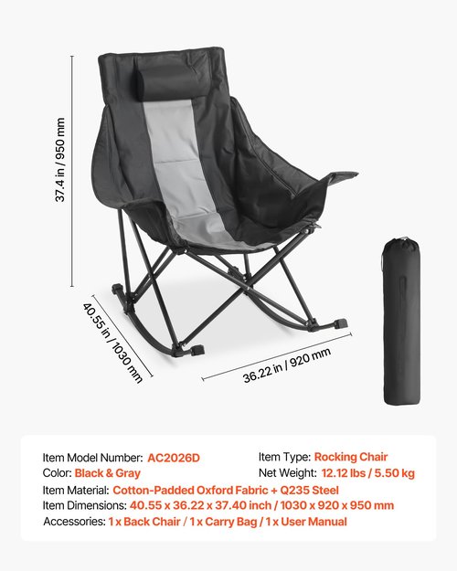 VEVOR Rocking Camping Chair, Portable Folding Rocker, Heavy-Duty Lawn Chair Recliner with Pocket, Supports 225lbs, Fully Padded Camp Chairs for Outdoor Patio Backyard Porch Garden
