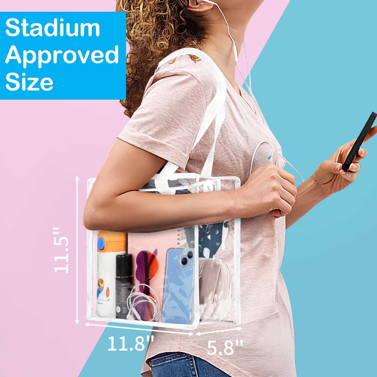 Hoiny Clear Bag for Stadium Events Approved, 12x6x12 Large Transparent Tote Bag with Zipper for Gym Concert Sports Festivals (White)