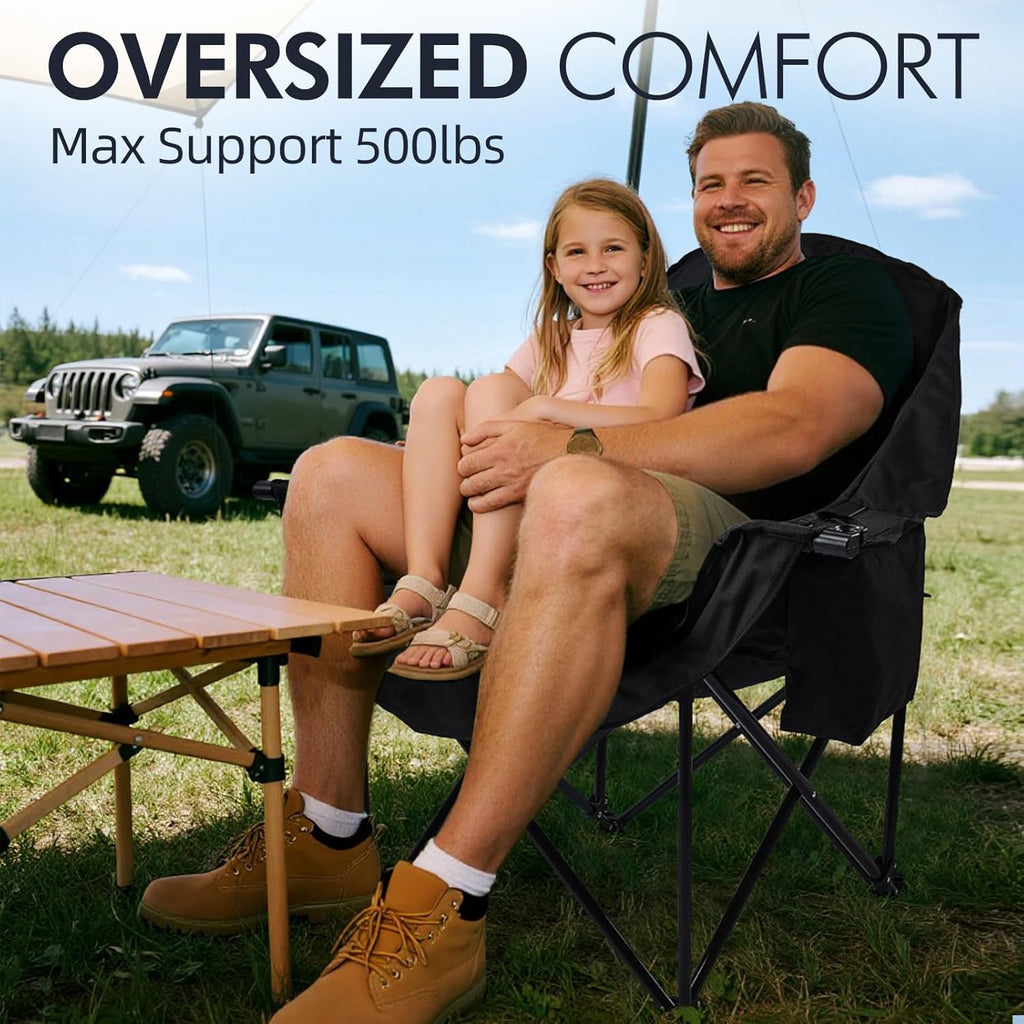 Skiennix Oversized Camping Chair - Heavy Duty Padded Folding Lawn Chair with Cup Holder | Supports 500lbs, All Black