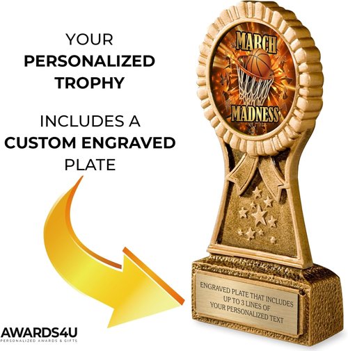 March Basketball Madness Trophy - 2026 Custom Bracket Award with Personalized Engraving on Gold Plate